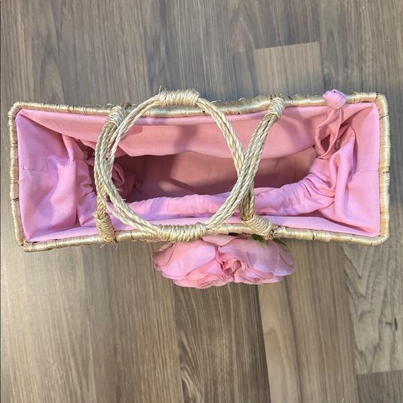 Christian Livingston Vintage Raffia Pink Fabric Roses Lined Top Handle Bag 8x10 - Picture 12 of 16